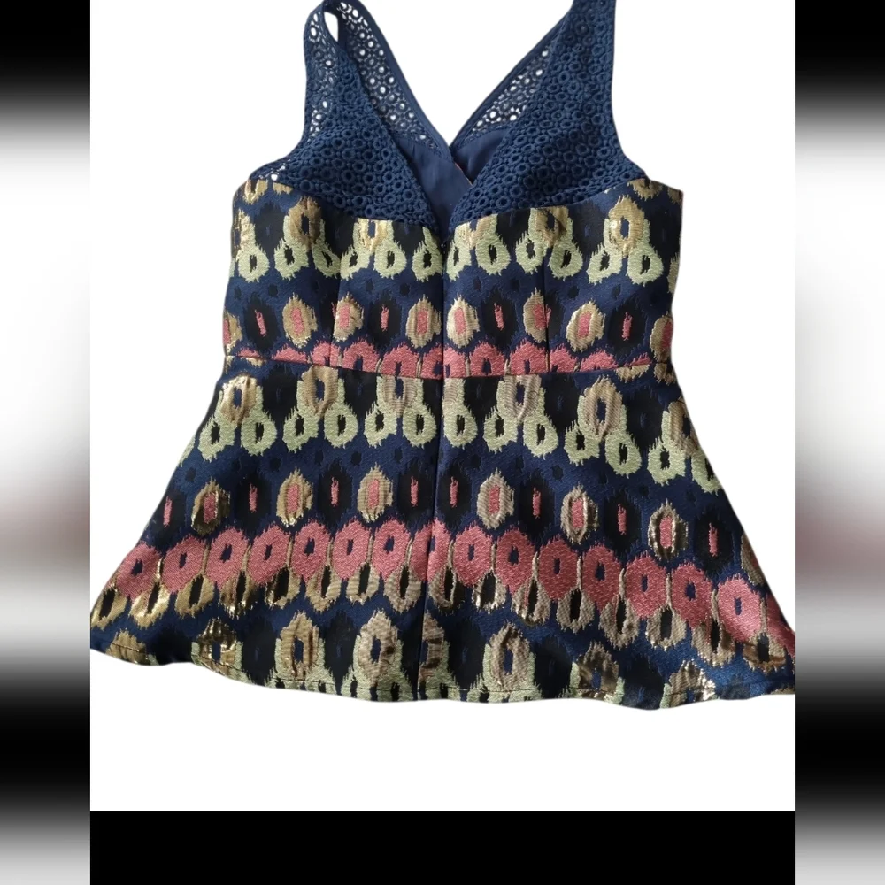 ANTHROPOLOGIE HD in Paris Navy and Gold Patterned Tank Top - Picture 4 of 7
